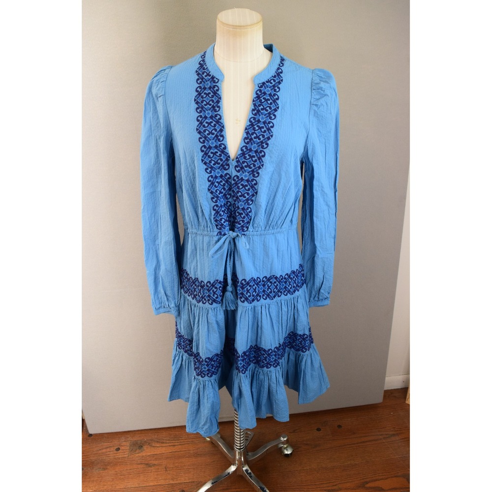 Boden Blue Embroidered Tiered Midi Dress 4 Womens Smocked Waist Tie Neck